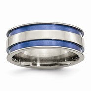 Titanium with Blue Double Groove 8.5mm Polished Wedding Band