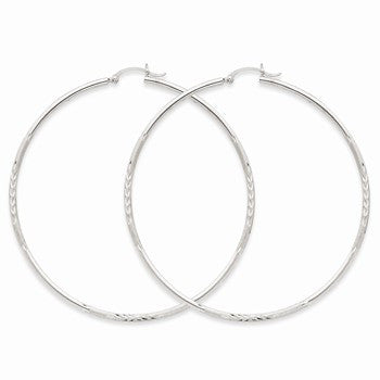 14k White Gold Satin Diamond-cut 2mm Round Hoop Earrings