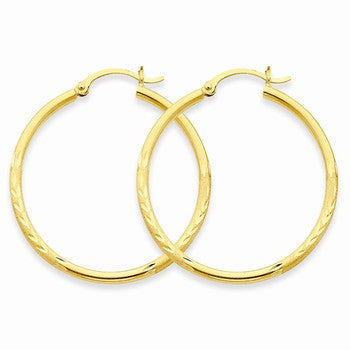 14k Yellow Gold Satin Diamond-cut 2mm Round Tube Hoop Earrings