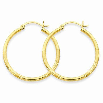 14k Yellow Gold Satin Diamond-cut 2mm Round Tube Hoop Earrings
