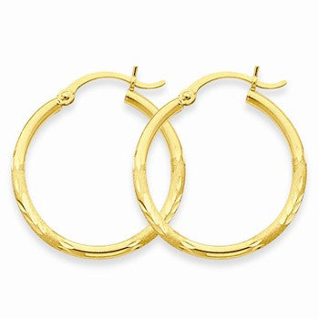 14k Yellow Gold Satin Diamond-cut 2mm Round Tube Hoop Earrings