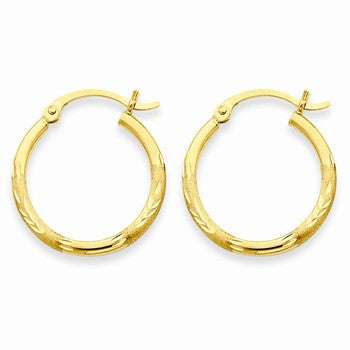 14k Yellow Gold Satin Diamond-cut 2mm Round Tube Hoop Earrings