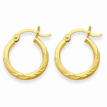14k Yellow Gold Satin Diamond-cut 2mm Round Tube Hoop Earrings
