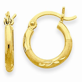 14k Yellow Gold Satin Diamond-cut 2mm Round Tube Hoop Earrings