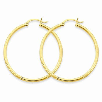 14k Yellow Gold Satin Diamond-cut 2mm Round Tube Hoop Earrings