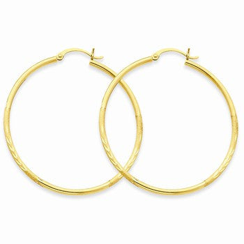 14k Yellow Gold Satin Diamond-cut 2mm Round Tube Hoop Earrings