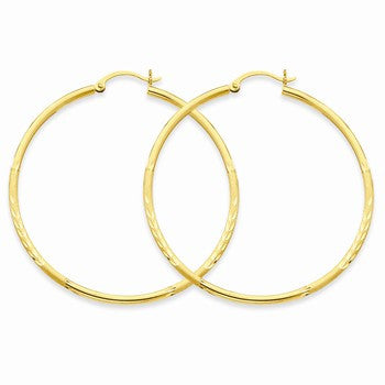 14k Yellow Gold Satin Diamond-cut 2mm Round Tube Hoop Earrings