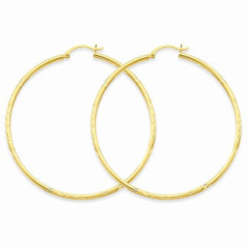 14k Yellow Gold Satin Diamond-cut 2mm Round Tube Hoop Earrings