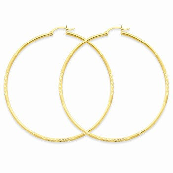 14k Yellow Gold Satin Diamond-cut 2mm Round Tube Hoop Earrings