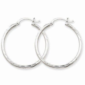 14k White Gold Diamond-cut 2mm Round Tube Hoop Earrings