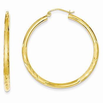 14k Yellow Gold Satin Diamond-cut 2.5mm Round Hoop Earrings