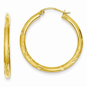 14k Yellow Gold Satin Diamond-cut 2.5mm Round Hoop Earrings