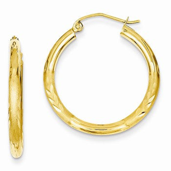 14k Yellow Gold Satin Diamond-cut 2.5mm Round Hoop Earrings