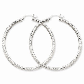 14k White Gold Diamond-cut 3mm Round Hoop Earrings