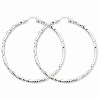 14k White Gold Diamond-cut 3mm Round Hoop Earrings