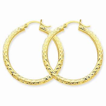 14k Yellow Gold Diamond-cut 3mm Round Hoop Earrings