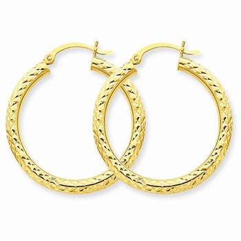 14k Yellow Gold Diamond-cut 3mm Round Hoop Earrings