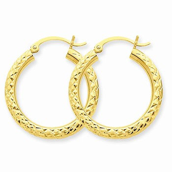 14k Yellow Gold Diamond-cut 3mm Round Hoop Earrings