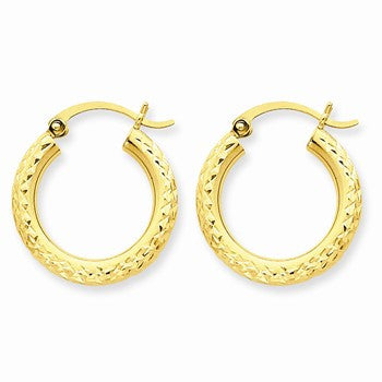 14k Yellow Gold Diamond-cut 3mm Round Hoop Earrings