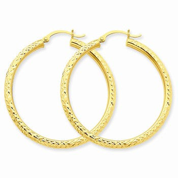 14k Yellow Gold Diamond-cut 3mm Round Hoop Earrings