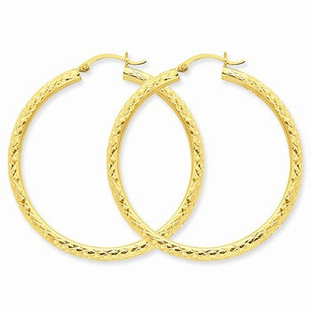 14k Yellow Gold Diamond-cut 3mm Round Hoop Earrings