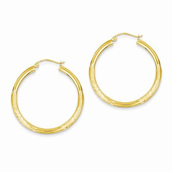 14k Yellow Gold Satin Diamond-cut 3mm Round Hoop Earrings