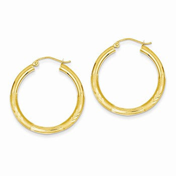 14k Yellow Gold Satin Diamond-cut 3mm Round Hoop Earrings