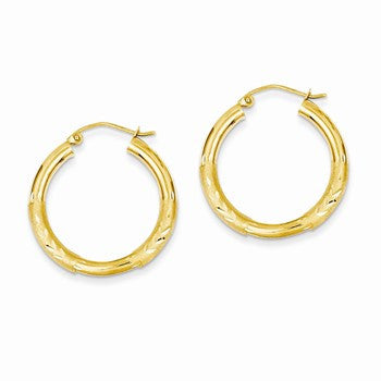 14k Yellow Gold Satin Diamond-cut 3mm Round Hoop Earrings