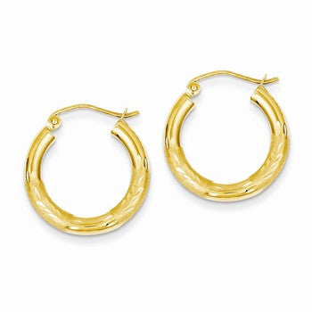 14k Yellow Gold Satin Diamond-cut 3mm Round Hoop Earrings