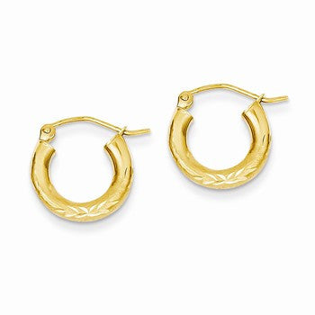 14k Yellow Gold Satin Diamond-cut 3mm Round Hoop Earrings
