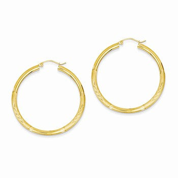14k Yellow Gold Satin Diamond-cut 3mm Round Hoop Earrings