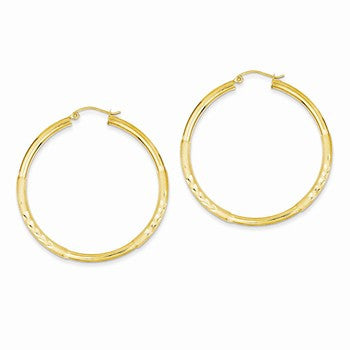 14k Yellow Gold Satin Diamond-cut 3mm Round Hoop Earrings
