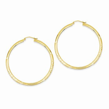 14k Yellow Gold Satin Diamond-cut 3mm Round Hoop Earrings