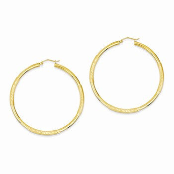 14k Yellow Gold Satin Diamond-cut 3mm Round Hoop Earrings