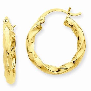 14k Yellow Gold Polished 3mm Twisted Hoop Earrings