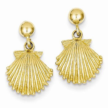 14k Yellow Gold Scallop Shell Dangle Post Earrings