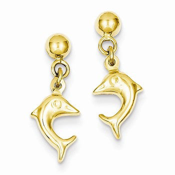 14k Yellow Gold Mini Jumping Dolphin Dangle Post Earrings