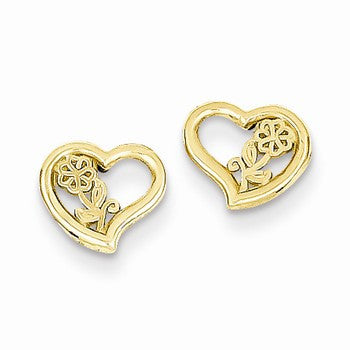 14k Yellow Gold Heart w/Flower Post Earrings
