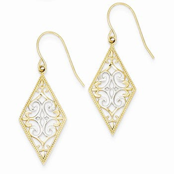 14k Two-tone Rhodium Diamond Shape Filigree Dangle Earrings