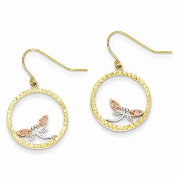14k Tri-color Diamond-cut Dragonfly in Circle Wire Dangle Earrings