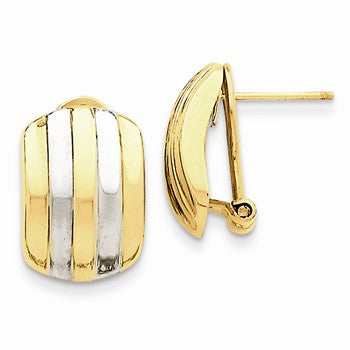 14k Yellow Gold Rhodium Ribbed Omega Back Post Earrings