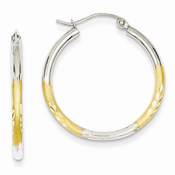 14k Yellow Gold Rhodium 2mm Satin Diamond-cut Hoop Earrings