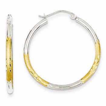 14k Yellow Gold Rhodium 2mm Satin Diamond-cut Hoop Earrings