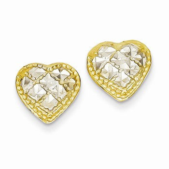 14k Yellow Gold Rhodium Diamond-cut Beaded Heart Earrings
