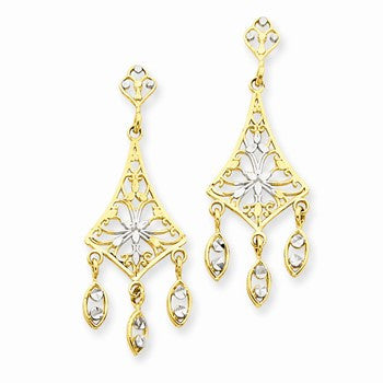 14k Yellow Gold Rhodium Diamond-cut Filigree Drop, Jewelry Earrings