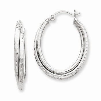 14k White Gold Diamond-cut Polished Oval Hoop Earring, Jewelry Earrings