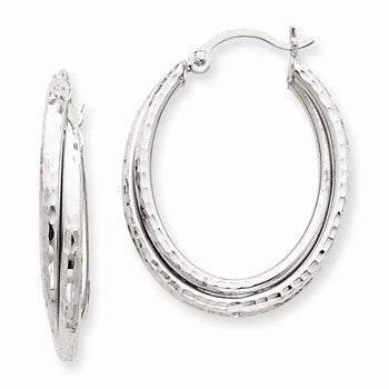 14k White Gold Diamond-cut Polished Oval Hoop Earring, Jewelry Earrings