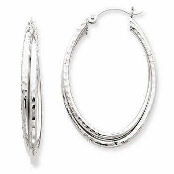 14k White Gold Diamond-cut Polished Oval Hoop Earring, Jewelry Earrings