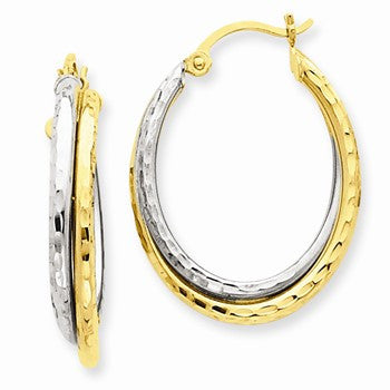 14k Two-tone Diamond-cut Polished Oval Hoop Earring, Jewelry Earrings