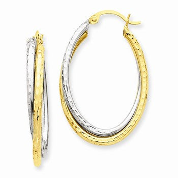 14k Two-tone Diamond-cut Polished Oval Hoop Earring, Jewelry Earrings